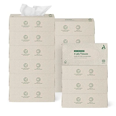 Abbildung von Amazon Aware 4 lagig Taschentücher Hergestellt aus 100% recyceltem Papier, 1500 Stück, 15 Packungen mit 100