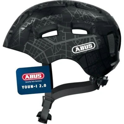 Abbildung von ABUS Fahrradhelm Youn I 2.0 mit Licht für Kinder, Jugendliche und junge Erwachsene Mädels Jungs Schwarz Muster, Größe M