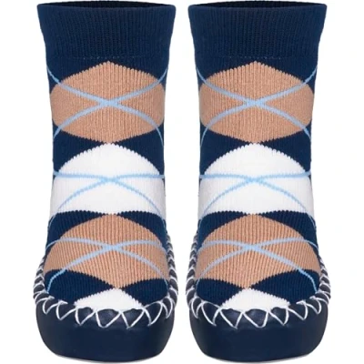 Abbildung von Playshoes Unisex Kinder Anti Slip Cotton Socks Stripes Kniestrümpfe, Marine Karo, 27/30