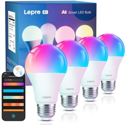 Abbildung von Lepro AI Smart Glühbirne B1, E27 8.5W 806lm Dimmbar, KI Lichtdesign Assistent, Sprachsteuerung/Musik Sync, WiFi &amp; Bluetooth Bulb, Kompatibel mit Alexa/Google Assistant, 4 Stück