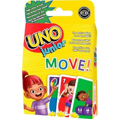 Abbildung von UNO Junior Move! Aktive Variante des Kartenspiels, 3 Schwierigkeitsstufen für Einstieg jüngerer Spieler, Bewegungskarten, Kinder ab Jahren, HNN03