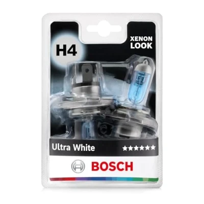 Abbildung von Bosch H4 Ultra White Halogen Glühlampe für Auto Scheinwerfer, 12 V 60/55 W, mit modernem weißem LED Look Lampensockel Typ P43t 2er Pack Ersatz Scheinwerferlampen