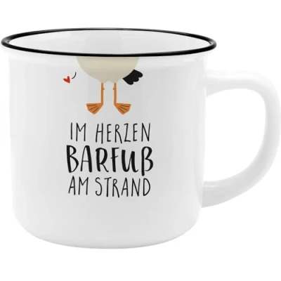Abbildung von GRUSS &amp; CO Becher mit Motiv &quot;Strand&quot; New Bone China Porzellan, Emaille Optik, 35 cl Lustiges Geschenk, Frühstück 73918