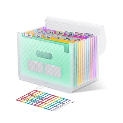 Abbildung von ThinkTex Accordian Aktenordner, 12 Fächer, erweiterbare tragbarer monatlicher Rechnungsbeleg Organizer, bunte Registerkarten, A4 Größe grün