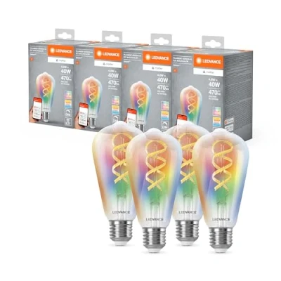 Abbildung von Ledvance SMART+ MATTER LED Lampe, kompatibel mit Google, Alexa, Apple, Weißglas, 4,8W, 470lm, E27, Farblicht &amp; Weißlicht, App oder Sprachsteuerung, bis zu 15.000 Std. Lebensdauer, 4 Pack