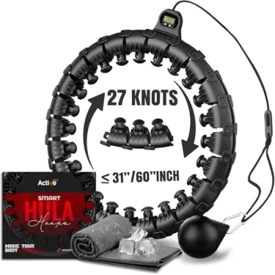 Abbildung von K MART Smart Hula Hoop, gewichteter verstellbar, für Fitnessübungen, gewichtet, 27 abnehmbare Knoten/Glieder (Schwarz/Gold)