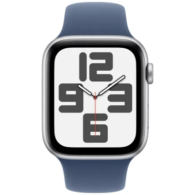 Abbildung von Apple Watch SE 2024 4G 44mm Silber (Blaues Silikon Armband M/L)