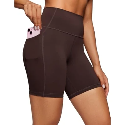 Abbildung von CRZ Yoga Naked Feeling Damen Radlerhose mit Taschen Hohe Taille Shorts Kurze Sporthose Sport Leggings Sportshorts 15cm HeiÃŸes Fudge Brown 38