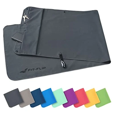Abbildung von Fit Flip Fitness Handtuch mit Magnet und Reißverschluss Tasche Gym aus Mikrofaser für Sport Kompakt &amp; Schnelltrocknend Sporthandtuch Fitnessstudio Dunkelgrau 130x48cm