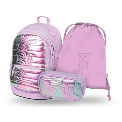 Abbildung von Baagl Schulrucksack Set Jungen Mädchen 3 Teilig, Schultasche für Grundschule Volksschule, Ranzen mit Brustgurt, Ergonomischer Schulranzen (Levander)