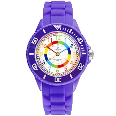 Abbildung von Alienwork Kids Lernuhr Kinderuhr Mädchen Uhrzeit Lernen Violett Silikon Armband Mehrfarbig Kinder Uhr Wasserdicht 5 ATM Zeit