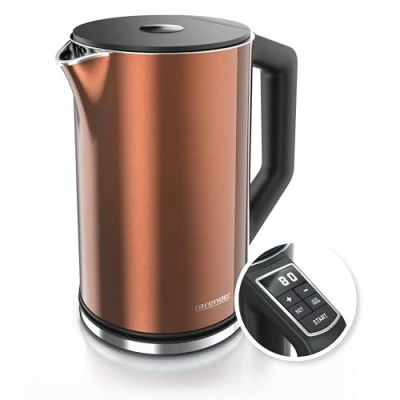 Abbildung von Arendo Edelstahl Wasserkocher mit Temperatureinstellung 40 100 Grad in 5er Schritten Doppelwand Design Modell ELEGANT 1,5 Liter 2200 W Teekocher Temperaturanzeige GS Kupfer