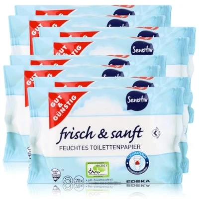 Abbildung von Gut &amp; Günstig 8 Pack (560 Blatt) feuchtes Toilettenpapier 8er Sensitiv mit Aloe Vera