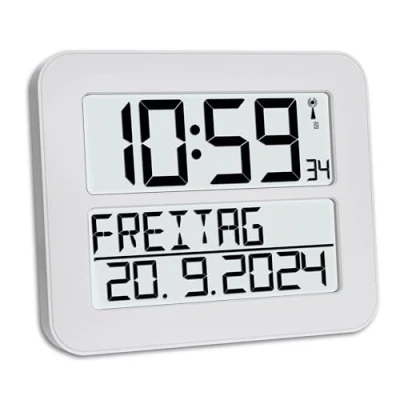 Abbildung von TFA Dostmann Timeline Max Digitale Funkuhr, 60.4512.02, Wanduhr zur einfachen Zeitorientierung, mit Wochentag und Weckfunktion, Tischuhr, für Senioren geeignet, besonders übersichtlich, weiß