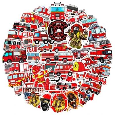 Abbildung von MARSFORCE Cartoon Feuerwehrfahrzeug Aufkleber, Wasserdicht Vinyl Stickers für Laptop Wasserflaschen Skateboard Gepäck Fahrrad Gitarre PS4 Koffer Tagesbuch Scrapbook Handy Pad [50 Stück]