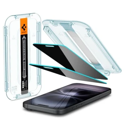 Abbildung von Spigen Glas.tR EZ Fit Sichtschutz Schutzfolie kompatibel mit iPhone 16, 15, 2 Stück, Privacy Schutz, Kratzfest, 9H Härte Folie