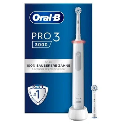 Abbildung von Oral B PRO 3 3000 Elektrische Zahnbürste/Electric Toothbrush, 2 Sensitive Clean Aufsteckbürsten, Putzmodi und visuelle 360 Andruckkontrolle für Zahnpflege, Geschenk Mann/Frau, weiß