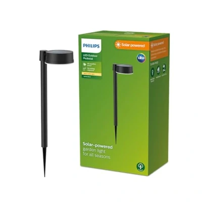 Abbildung von Philips Outdoor Solar Vynce Sockelleuchte Spiess 1,5W, Tageslichtsensor, rund, 2700 Kelvin, IP44 wetterfest, schwarz