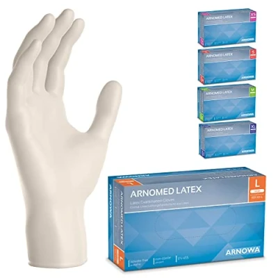 Abbildung von ARNOMED 100x Einweghandschuhe L, Latexhandschuhe Weiß (1x100 Stück), puderfrei, Handschuhe Latex Einweg, Putzhandschuhe, Handschuhe, Einmal /Einweg XS, S, M, L &amp; XL