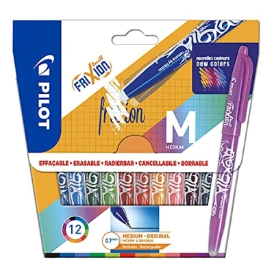 Abbildung von PILOT 12 Stück Frixion Ball radierbarer Stift mit thermoensibler Tinte nachfüllbarer Tintenroller aus recyceltem Kunststoff Farben mittlere Spitze
