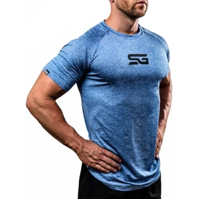 Abbildung von Satire Gym® Fitness Slim Fit T Shirt Herren Funktionelles &amp; schnell trocknendes Sportshirt Kurzarm als Bodybuilding Workout Gym (L, blau meliert)