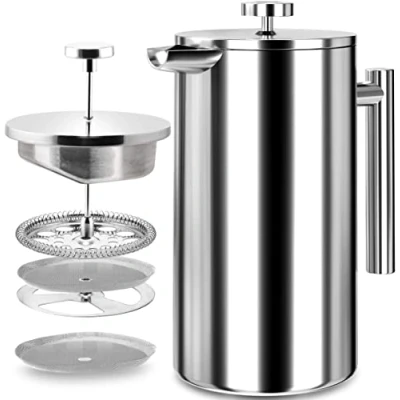 Abbildung von KICHLY French Press Kaffeebereiter 34 Oz 1000 ml (4 Kaffeebecher / 8 Kaffeetassen) Kaffeemaschine mit dreifachem Edelstahlfilter &amp; isolierten Wänden Silber