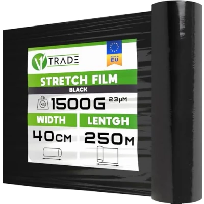 Abbildung von V1 Trade Stretchfolie Schwarz Folie für Möbel Hand Umzugfolie 250m x 40 cm Stretchfolienrolle Schwarzfolie 23my Verpackungsfolie auf Rolle Wickelfolie Umzugsfolie Dehnung 250%