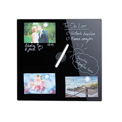 Abbildung von Relaxdays Magnettafel, beschreibbar, inkl. 3 Magnete &amp; Stift, abwischbar, Rahmenlos, Magnetboard Glas, 40x40 cm, schwarz