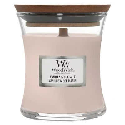 Abbildung von WoodWick mittelgroße Duftkerze im Sanduhrglas mit knisterndem Docht Vanilla &amp; Sea Salt Brenndauer bis zu 20 Stunden
