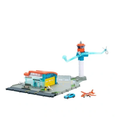 Abbildung von Matchbox Spielzeugauto Set, Flughafen Set mit Die Cast Audi im Maßstab 1:64, 1 Flugzeug aus Kunststoff, Abhebe und Lande Feature, Lagerhalle, Abenteuer JBW37