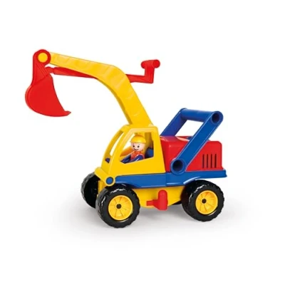 Abbildung von Lena 04151 Aktiv Bagger, ca. 35cm, mit beweglicher Spielfigur, Baustellen Spielfahrzeug für Kinder ab 2 Jahre, robuster Schaufelbagger funktionstüchtigen Baggeram und Haltegriff