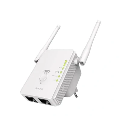 Abbildung von STRONG WLAN Repeater 300 V2, Betriebsmodi: Universal Repeater/Access Point/Router, Mbit/s bei 2,4 GHz, 2 LAN Ports, Verstärker weiß, REPEATER300V2
