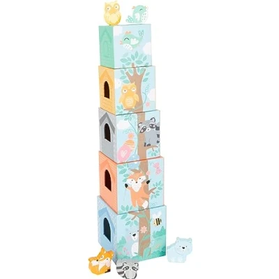 Abbildung von Small Foot Stapelwürfel Pastell aus Pappe mit Tierfiguren Holz, Stapelturm für Kleinkinder ab 12 Monaten, 11721 Toys