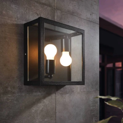 Abbildung von EGLO Außen Deckenlampe Alamonte 1, 2 flammige Außenleuchte, Deckenleuchte aus Stahl verzinkt in Schwarz, Glas Transparent, E27 Fassung, IP44