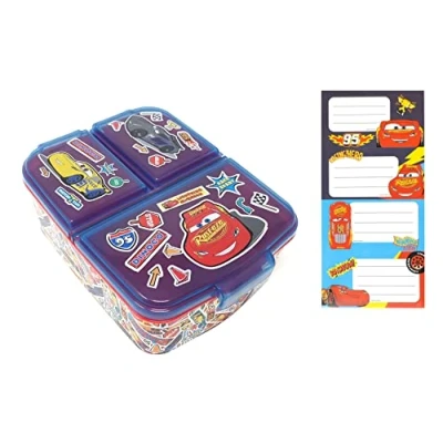 Abbildung von Theonoi Kinder Brotdose Lunchbox Sandwichbox mit Fächern Brotbox Unterteilung BPA frei Namens Aufkleber (Cars)