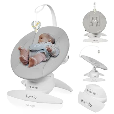 Abbildung von LIONELO Iris Elektrisch Babywippe 360o drehbar für Babys bis zu 9 kg Verstellbare Rückenlehne, 5 Wiegegeschwindigkeiten Rutschfester Sicherheitsgurt, 12 Melodien Bügel mit Spielzeug Babypflege