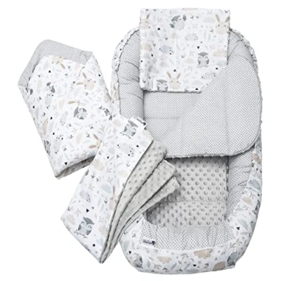 Abbildung von Medi Partners 5 teilig Babynestchen Set Babynest 100x60x15 herausnehmbarer Einsatz Bett Kuschelnest Krabbeldecke Babys Neugeborene 100% Baumwolle (Lichtung mit grauem Minky)