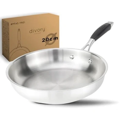 Abbildung von DIVORY Edelstahl Pfanne 20 cm PURA Induktion I unbeschichtete kleine Bratpfanne für alle Herdarten Induktionspfanne, Ergonomischer Griff, Spülmaschinen geeignet (20cm, Silber)