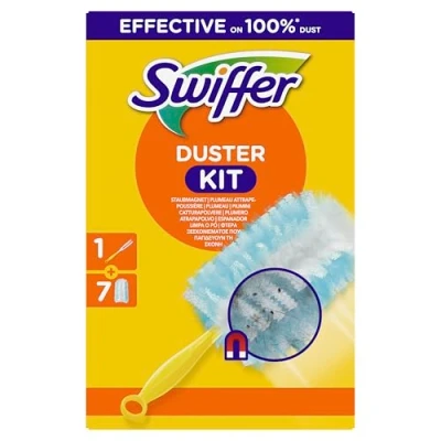 Abbildung von Swiffer Staubmagnet Starter Set (1 Griff + 7 Nachfülltücher) Fängt Und Schließt 3 mal Mehr Staub Haare Ein Als Herkömmliche Staubwedel