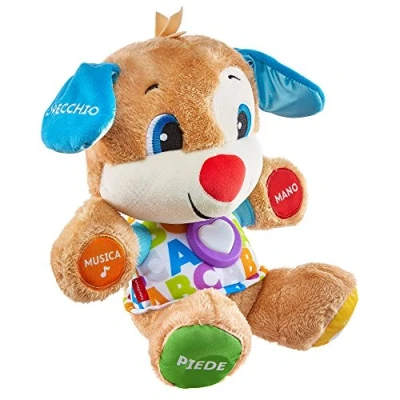 Abbildung von Fisher Price Lernspaß Hündchen mit drei Stufen sprechendes Kuscheltier Musik als Kinderspielzeug und Baby Spielzeug Interaktiver Teddybär, Version: Italienisch, FPM51