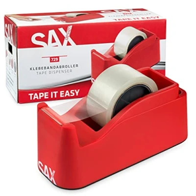 Abbildung von SAX Tape it Easy XXL Einhand Klebeband Abroller extra Schwer für 1x 50mm Band oder 2x 25mm Band, Paketbandabroller mit Stiftehalter Funktion, rutschfest, inkl. doppelseitige Klinge, Rot