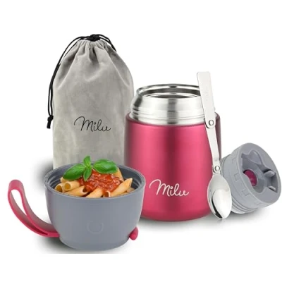 Abbildung von Milu® Thermobehälter 450, 650ml Edelstahl Warmhaltebehälter Essensbehälter Speisegefäß Babynahrung Essen warmhalten Behälter Thermo Lunchbox Müsli to go Berry, 450ml