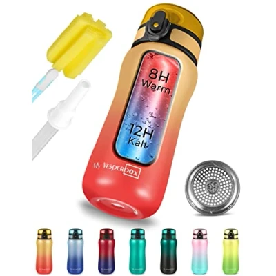 Abbildung von My Vesperbox Edelstahl Thermos Trinkflasche auslaufsicher mit Strohhalm oder Sieb 400 ml, 600ml BPA FREI für Kindergarten, Schule (Rot Orange, ml)