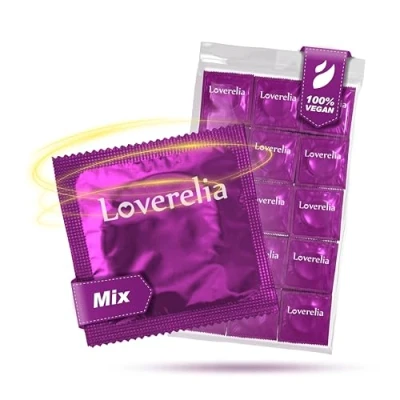 Abbildung von Loverelia Mix Kondome 50 Stück aus 10 verschiedenen Kondomsorten Naturkautschuk Latex Vegan für mehr Abwechslung im Liebesleben