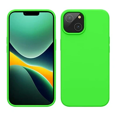 Abbildung von kwmobile Hülle für das iPhone 14 dünnes Silikon Handy Case stoßfeste Handyhülle mit weicher Oberfläche unterstützt kabelloses Laden Limettengrün