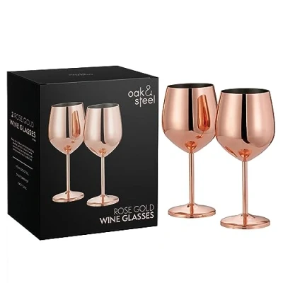 Abbildung von Oak &amp; Steel Premium Edelstahl Weingläser in Roségold (2 Stück, 520ml) Bruchsichere Rotweingläser mit großem Volumen Inklusive edler Geschenkbox