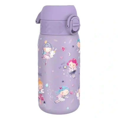 Abbildung von ION8 Kinder Trinkflasche, Edelstahl Leicht 400ml, Nicht Isoliert, Auslaufsicher, Einhandöffnung, Sichere Verriegelung, Spülmaschinenfest, Klappdeckel, Tragegriff, zu Reinigen, Feen,