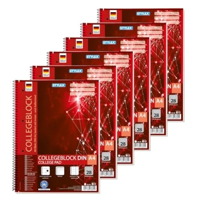 Abbildung von Stylex 43889 P6 Collegeblock kariert, 6 Stück in DIN A4, je 80 Blatt mit 60 g/m² Spiralbindung