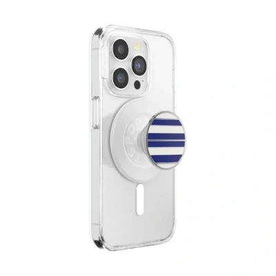 Abbildung von PopSockets runder Telefongriff kompatibel mit MagSafe, Adapterring im Lieferumfang enthalten, Telefonhalter, kabelloses Laden Emaille Nautical Stripe