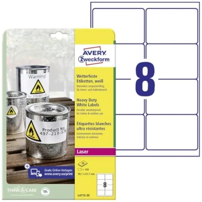 Abbildung von AVERY Zweckform L4715 20 Wetterfeste Folienetiketten (160 Klebeetiketten, 99,1x67,7mm auf A4, extrem stark selbstklebend, wasserfest, strapazierfähig, bedruckbare Outdoor Klebefolie) Blatt, weiß